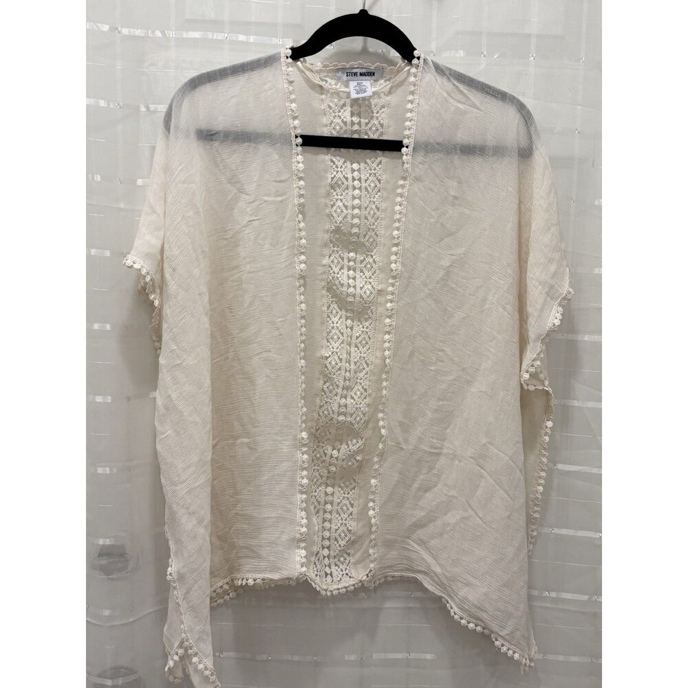 Steve Madden Cream Crochet Lace Trim‎ Sheer Kimono Cardigan OSFM